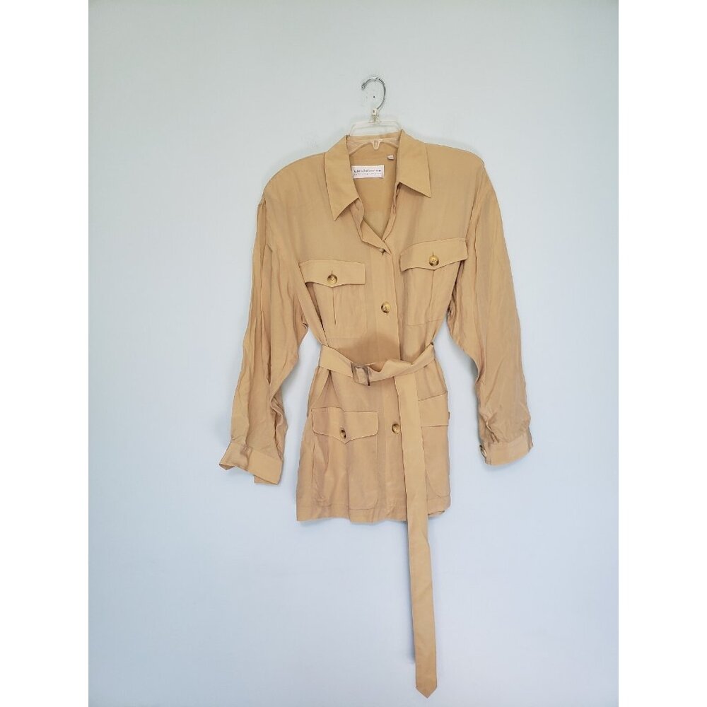 Liz Claiborne Womens Petite 10 Shirt Shacket Button Front Tan Belted 100% Silk - Picture 1 of 6